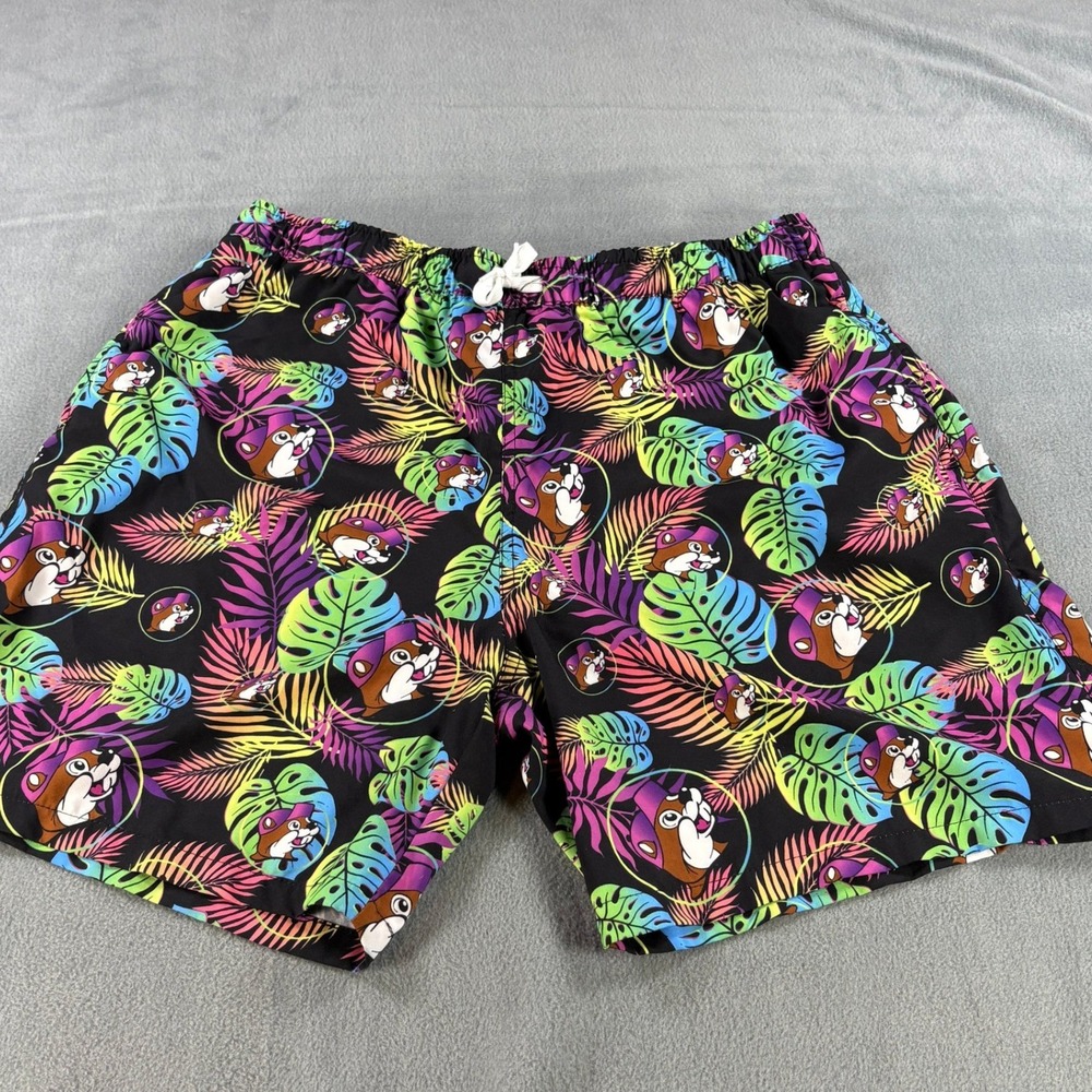 Buc-ee's Mens 2X Swim Trunks Neon Tropical Beaver Print Black Board Shorts XXL